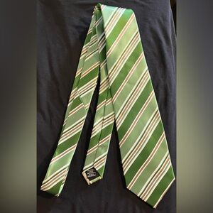 Green Striped Men's Tie with White and Tan Accents
